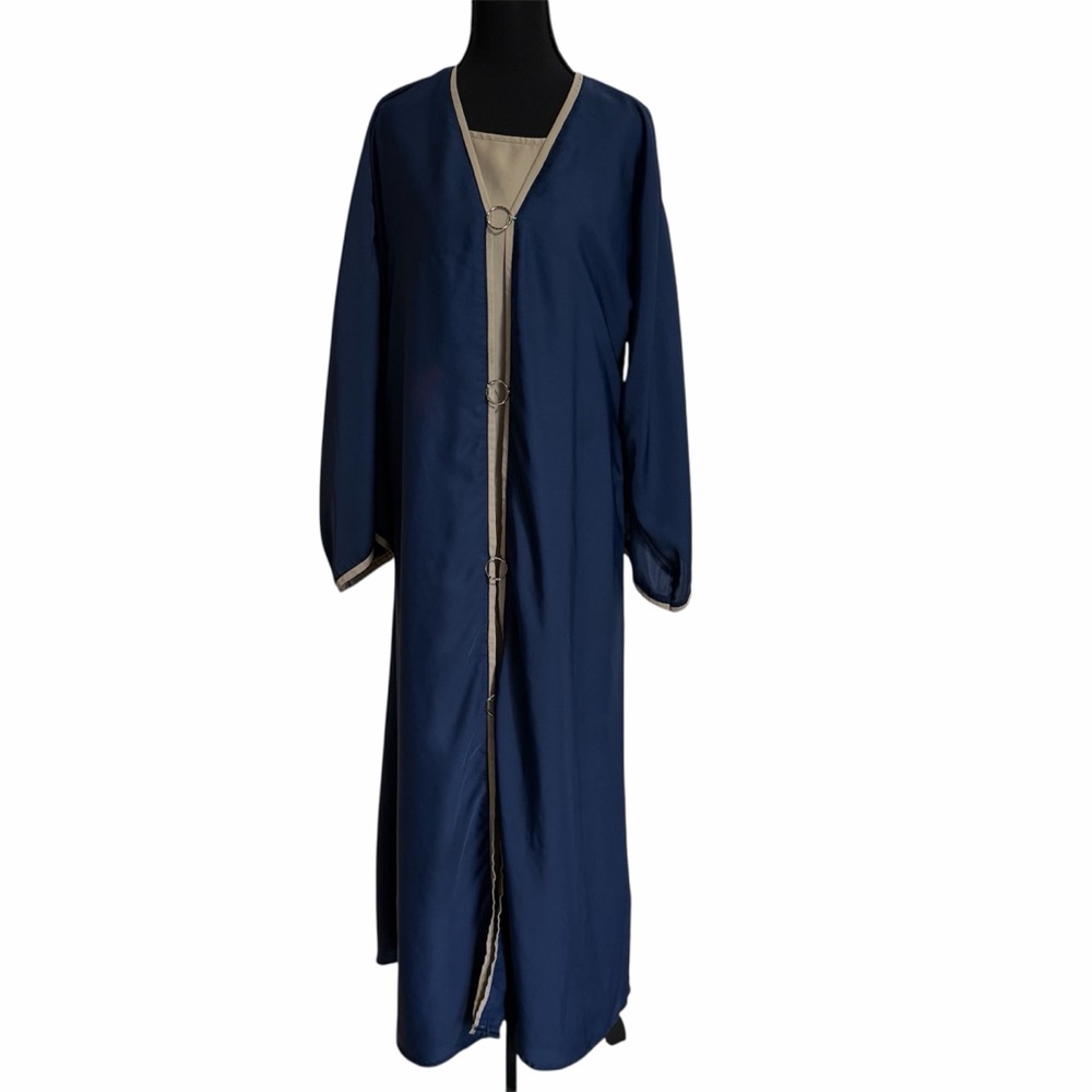 Navy Blue And Tan Abaya / Long Dress – Open Front with Tan Trim